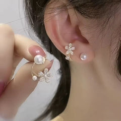 Fashionable Diamond Flower and Pearl Stud Korean Earrings