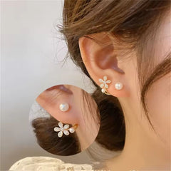 Fashionable Diamond Flower and Pearl Stud Korean Earrings