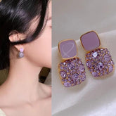 Purple Square Crystal Rhinestone Earrings- Geometric Diamond Earrings