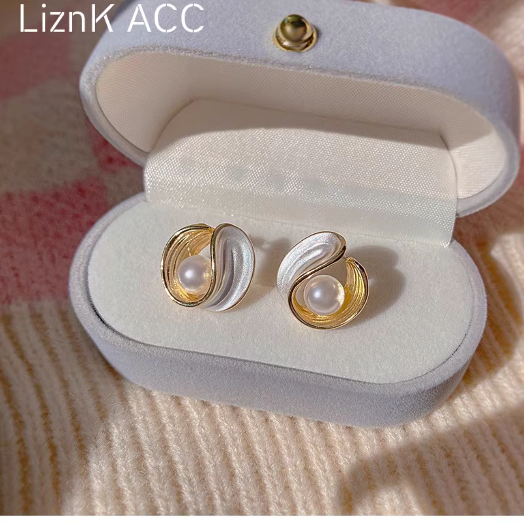 My Allure’s Twisted Enamel Painted Pearl Korean Earrings Stud Pair